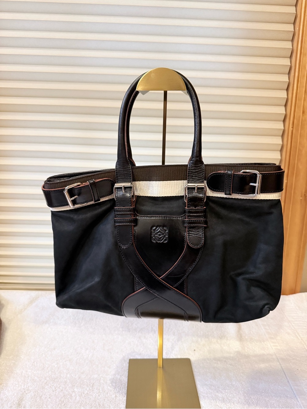Loewe Anagram belted tote bag in black leather and fabric